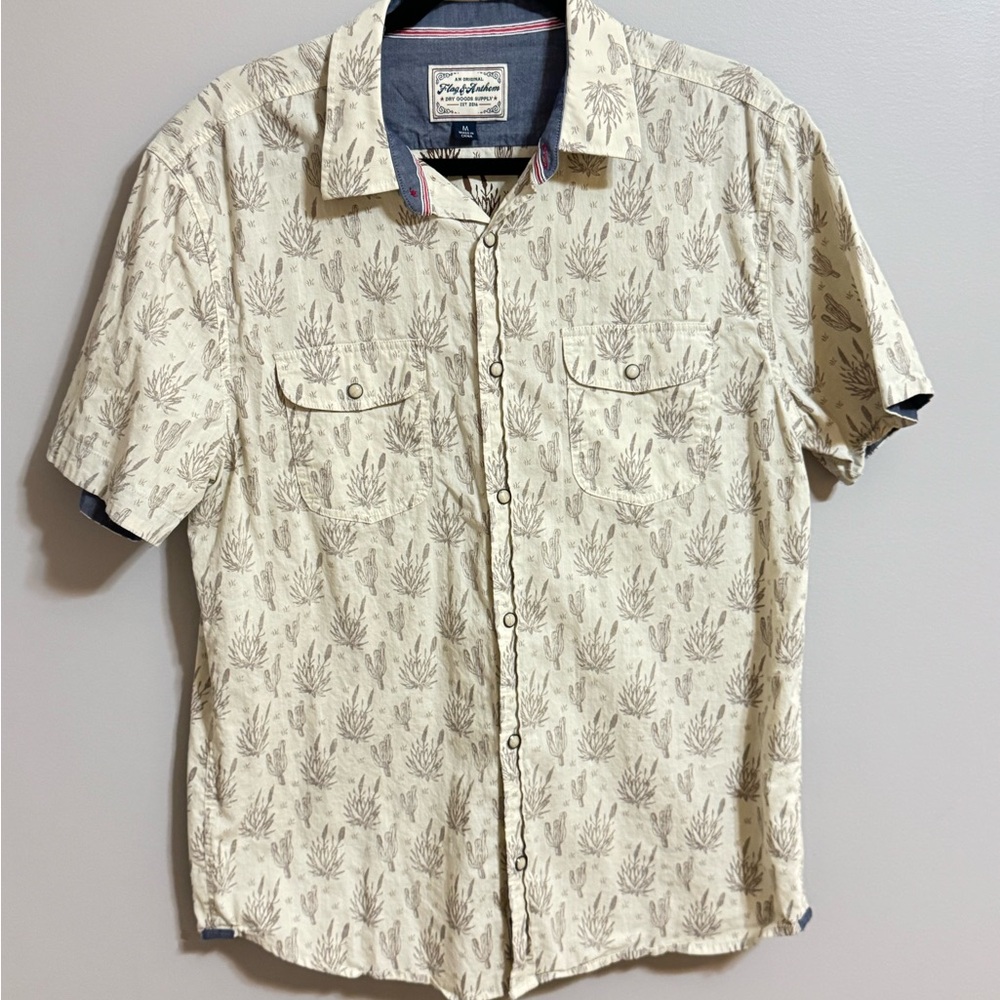 Flag & Anthem Men's Beige cactus Patterned Short Sleeve‎ Shirt size Medium